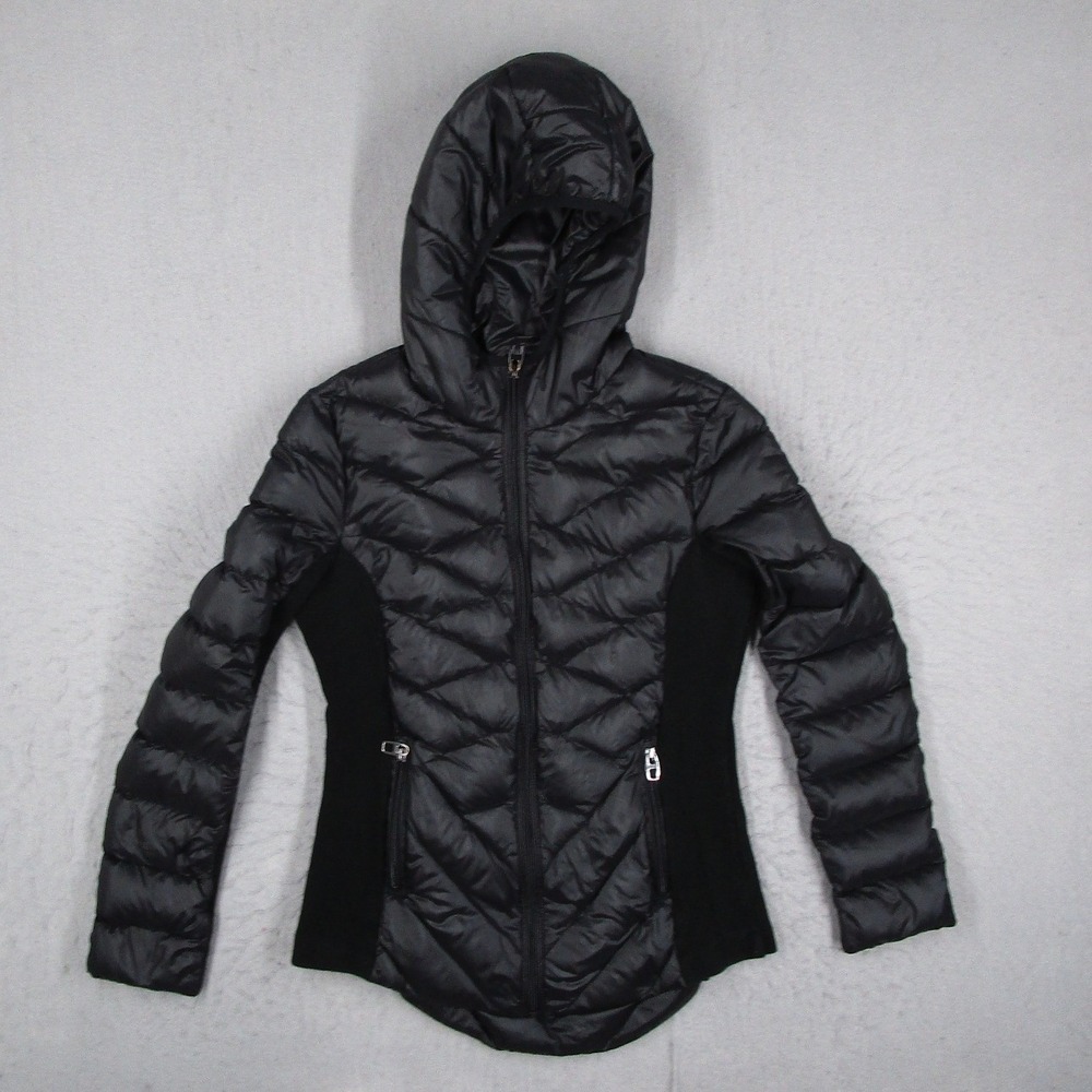 Barneys New York Womens Black Down Puffer Jacket Hooded Mixed Media Small